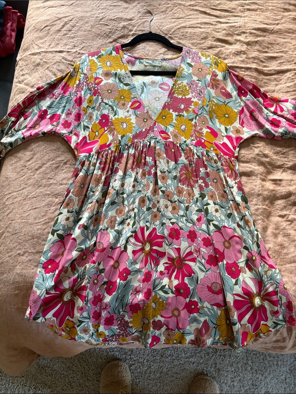 Natural Life Bright Floral V-Neck Tunic Dress with pockets - Pink & Yellow